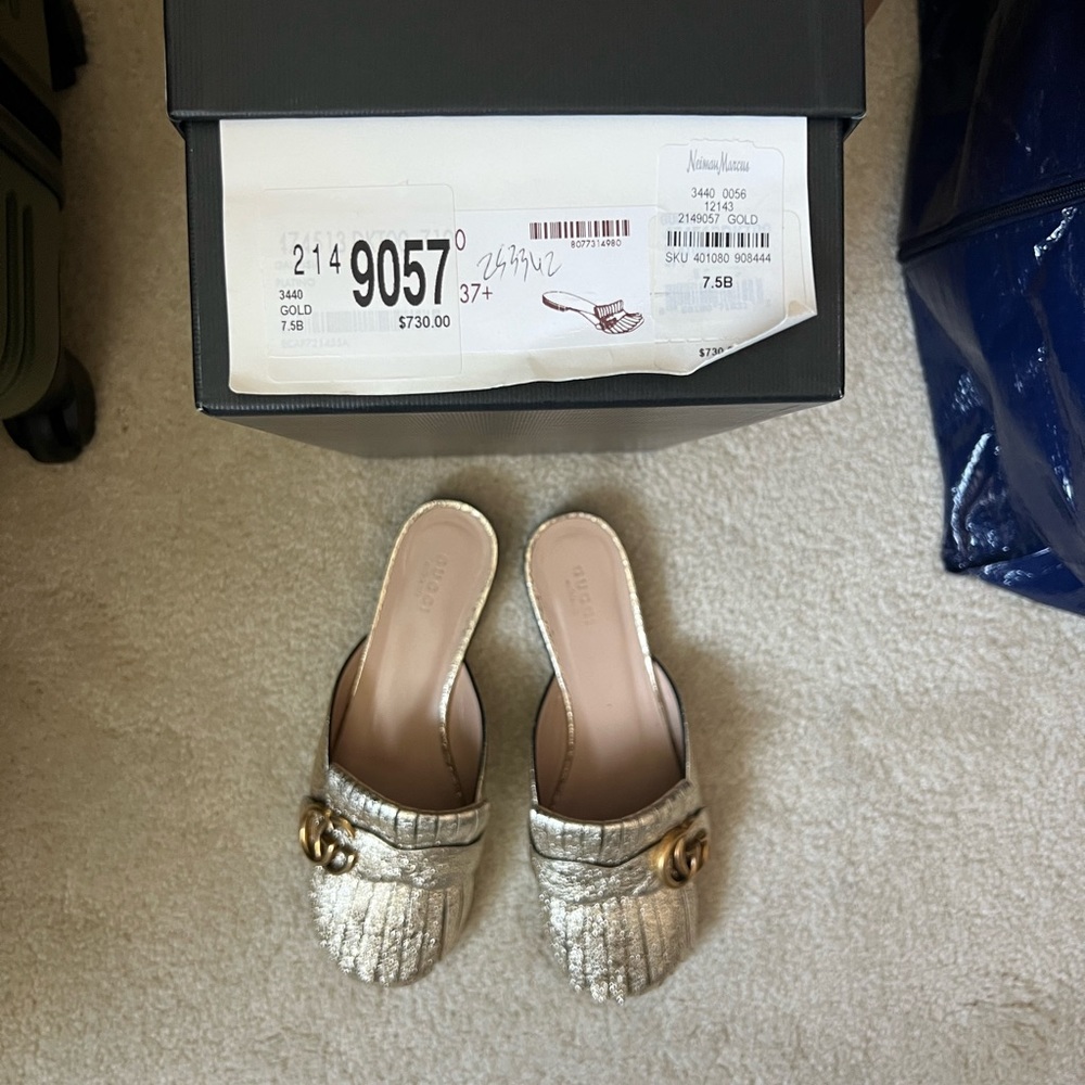 Gucci Sz 37 Gold Leather Fringe Marmont Slides